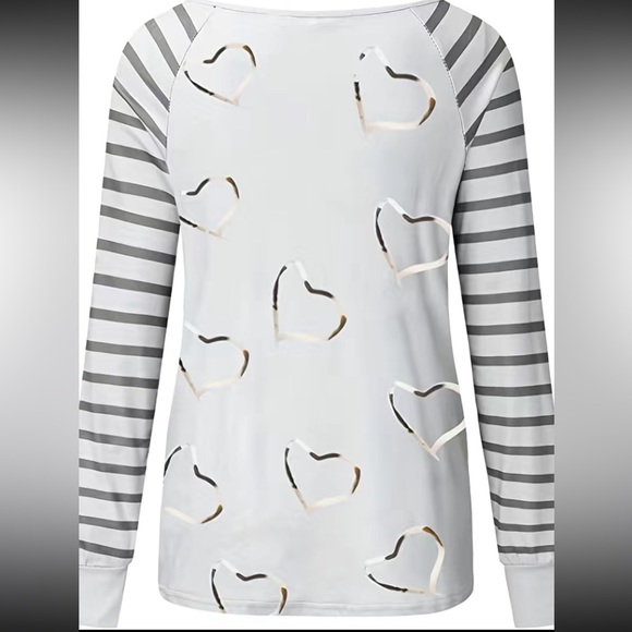 SALE 🩶 Heart Print Zipper Blouse, Casual Long Sleeve V Neck - Picture 4 of 6